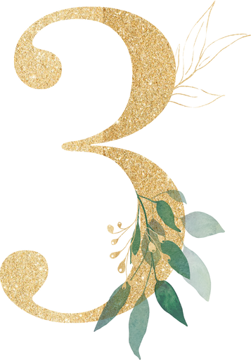 Number 3 with green and gold leaves watercolor